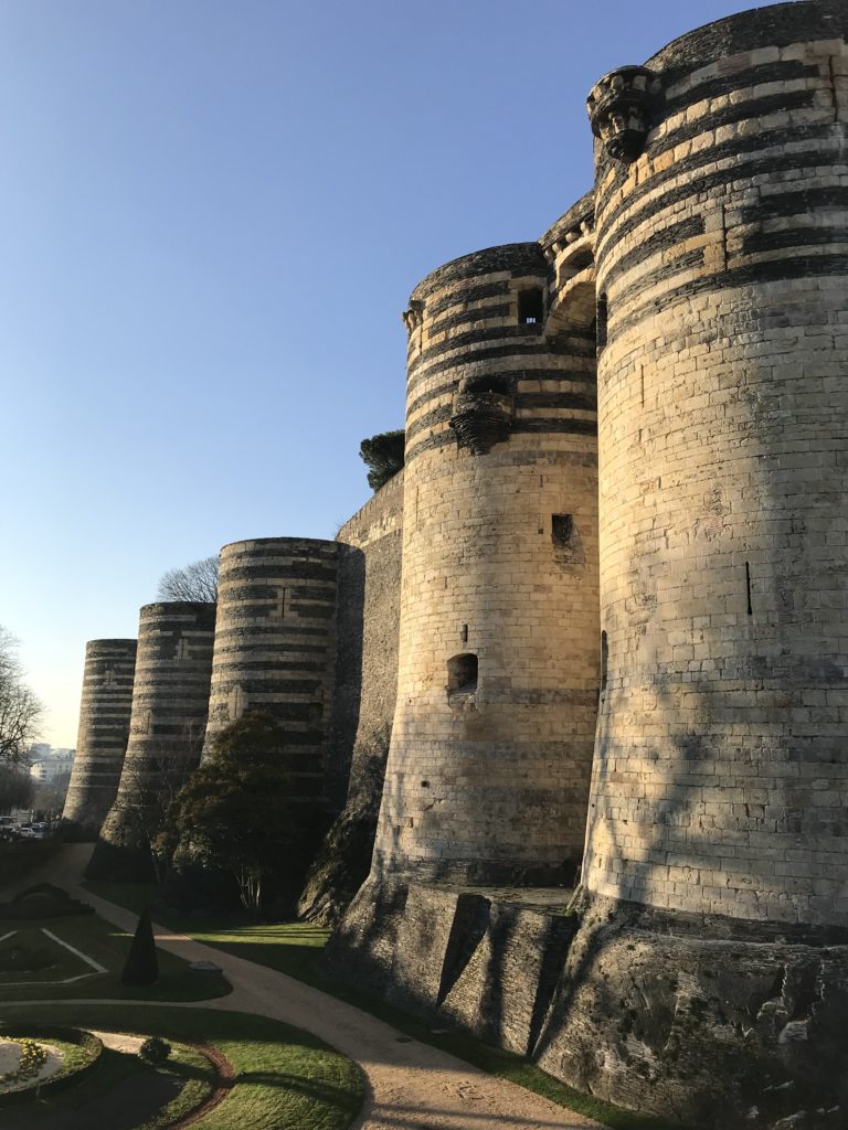 5 towers of the medieval Angers Castle can be seen, as well as part of the garden at their base.